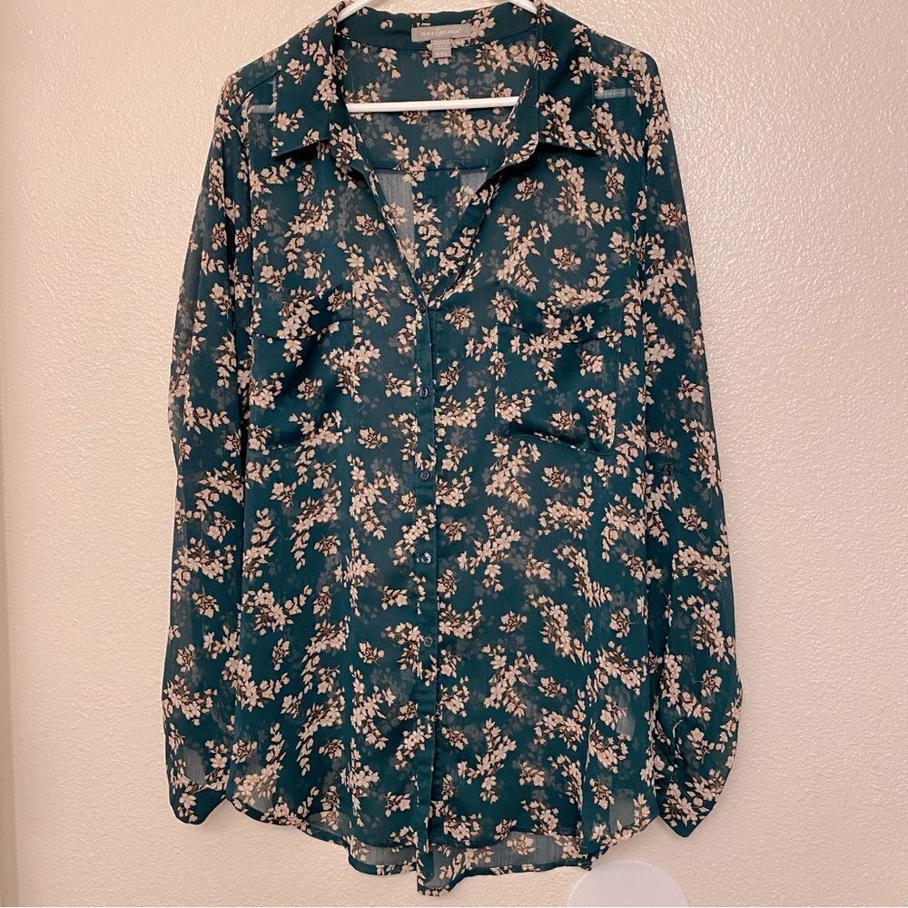 Peace and Pearl dark green micro floral semi sheer button up blouse top plus XXL